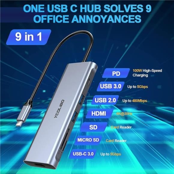 9-in-1 USB C Hub Multiport Adapter, with 4K HDMI, 100W Power Delivery, USB-C - Picture 3 of 6